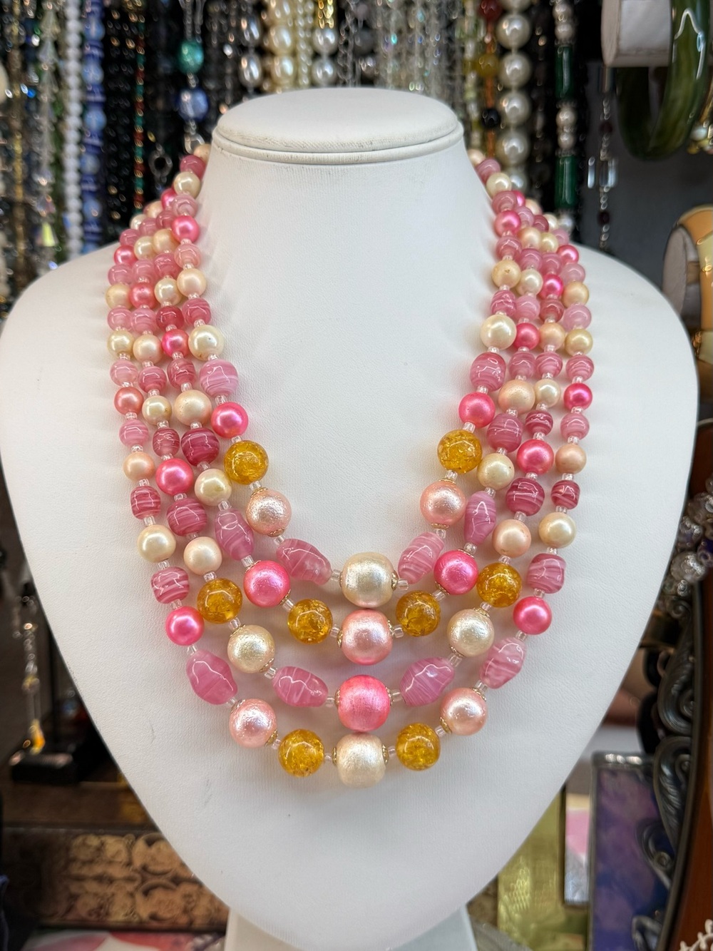 Vintage Japan Multi-Strand Glass Pink & Gold Beaded Statement Necklace